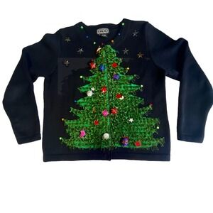 Berek 2 Sweater Christmas‎ Tree 3D Sz S VTG Takako Saxon Black Button Down Front